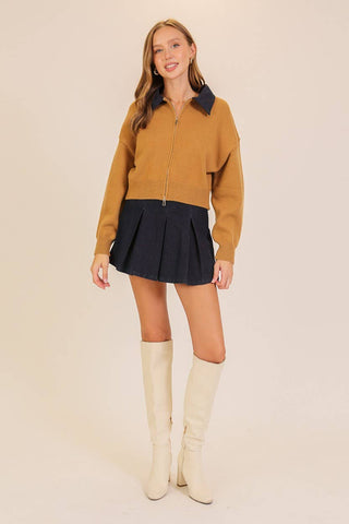 Fall Collared Full-Zip Knit Sweater: Taupe/Navy / S