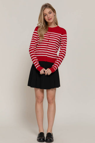 Long Sleeve Crew Neck Stripe Sweater Cardigan: OLV-olive/cream / M