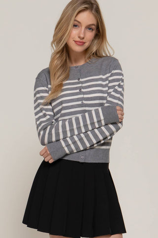 Long Sleeve Crew Neck Stripe Sweater Cardigan: OLV-olive/cream / M