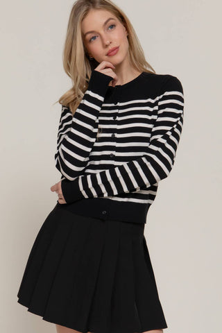 Long Sleeve Crew Neck Stripe Sweater Cardigan: OLV-olive/cream / S