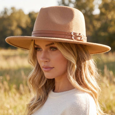 Double Belt Strap Fedora Hat: BK