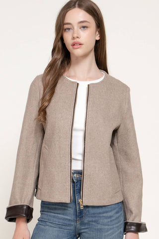 Long Sleeve Round Neck Faux Leather Combination Felt Jacket: KHA-dark oatmeal / L