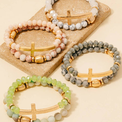 Cross Charm Stone Beaded Bracelet Set: WHWG