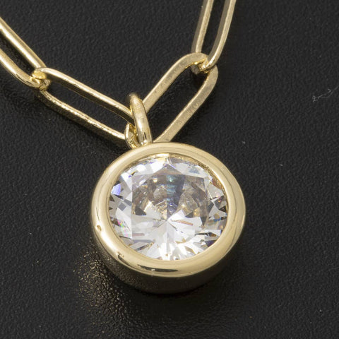Round Bezel Cz Paperclip Chain Pendant Necklace: GOLD