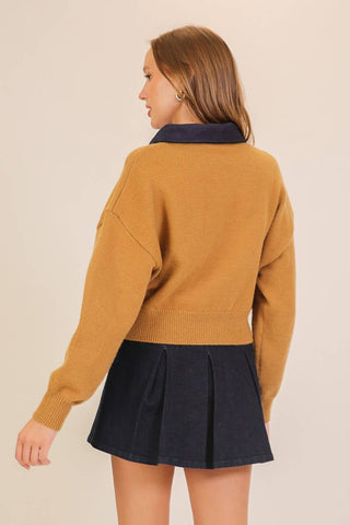 Fall Collared Full-Zip Knit Sweater: Taupe/Navy / L