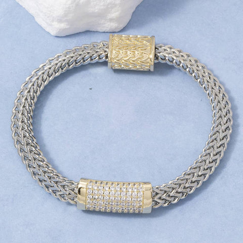 Two Tone Woven Chain Cz Bracelet: T