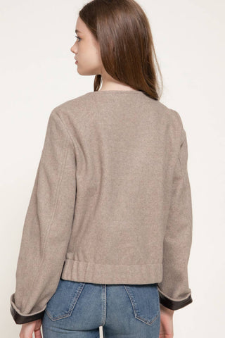 Long Sleeve Round Neck Faux Leather Combination Felt Jacket: BRN-brown / S