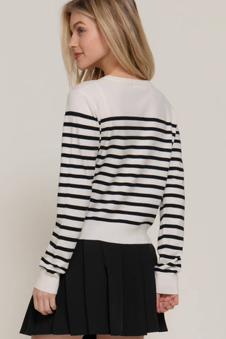 Long Sleeve Crew Neck Stripe Sweater Cardigan: OLV-olive/cream / M