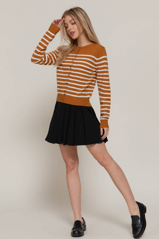 Long Sleeve Crew Neck Stripe Sweater Cardigan: OLV-olive/cream / S