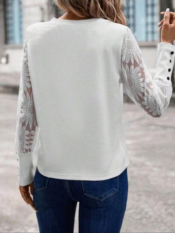 Waffle Button Patchwork Lace Top: Blue / L
