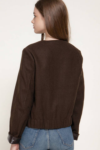 Long Sleeve Round Neck Faux Leather Combination Felt Jacket: BRN-brown / S