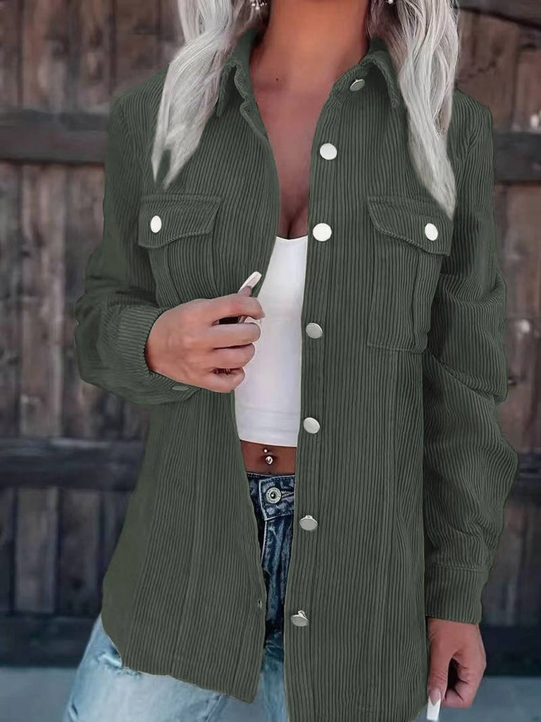 Solid Color Corduroy Lapel Cardigan: Green / XL