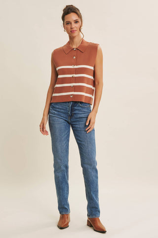 DESERT SUN STRIPE MODERN BUTTON-DOWN SWEATER VEST: TERRACOTTA / M