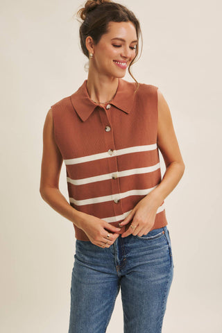 DESERT SUN STRIPE MODERN BUTTON-DOWN SWEATER VEST: TERRACOTTA / M