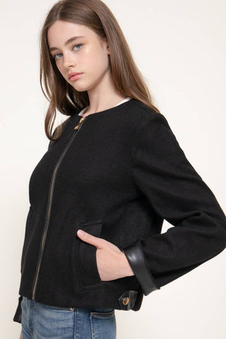 Long Sleeve Round Neck Faux Leather Combination Felt Jacket: BRN-brown / S