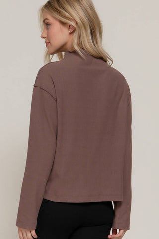 Long Sleeve Visible Overlocked Seams Detail Brushed Rib Top: PNK-blush / S
