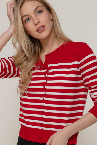 Long Sleeve Crew Neck Stripe Sweater Cardigan: OLV-olive/cream / S