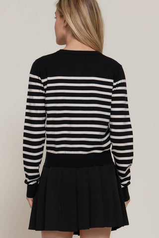 Long Sleeve Crew Neck Stripe Sweater Cardigan: OLV-olive/cream / S