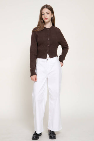 Long Sleeve Round Neck Button Down Sweater Cardigan: BRN-brown / S