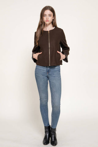 Long Sleeve Round Neck Faux Leather Combination Felt Jacket: KHA-dark oatmeal / M