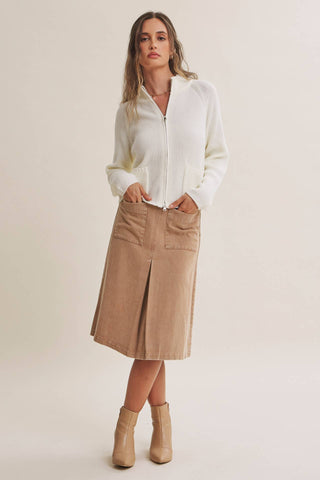 SIMPLE COMFORT 2-WAY ZIP EVERYDAY SWEATER JACKET WITH POCKET: CARAMEL / S