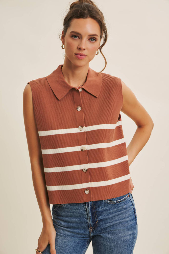 DESERT SUN STRIPE MODERN BUTTON-DOWN SWEATER VEST: TERRACOTTA / L