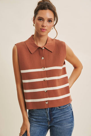 DESERT SUN STRIPE MODERN BUTTON-DOWN SWEATER VEST: TERRACOTTA / M