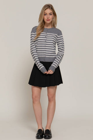 Long Sleeve Crew Neck Stripe Sweater Cardigan: OLV-olive/cream / M