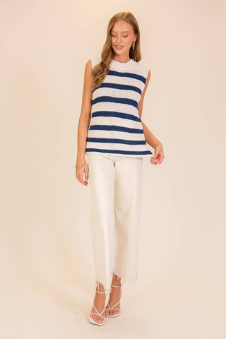 Harbor Stripe Sleeveless Knit Top: Black/Beige / M