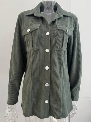 Solid Color Corduroy Lapel Cardigan: Beige / XL