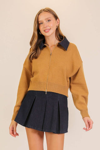 Fall Collared Full-Zip Knit Sweater: Taupe/Navy / L