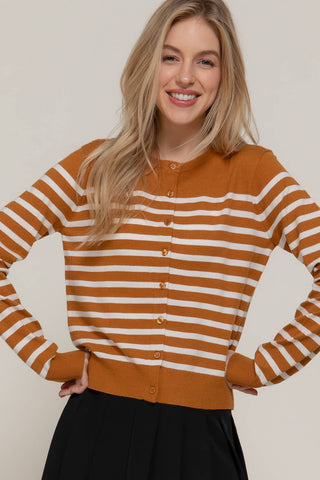 Long Sleeve Crew Neck Stripe Sweater Cardigan: OLV-olive/cream / M