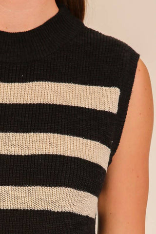 Harbor Stripe Sleeveless Knit Top: Black/Beige / L