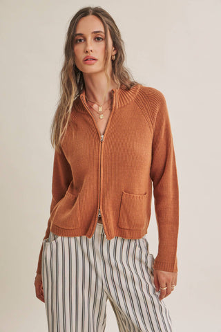 SIMPLE COMFORT 2-WAY ZIP EVERYDAY SWEATER JACKET WITH POCKET: CARAMEL / L