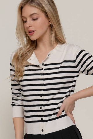 Long Sleeve Crew Neck Stripe Sweater Cardigan: OLV-olive/cream / L