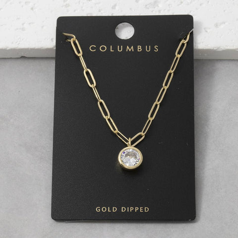 Round Bezel Cz Paperclip Chain Pendant Necklace: GOLD