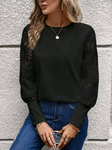 Waffle Button Patchwork Lace Top: Blue / S
