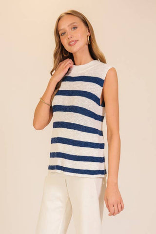 Harbor Stripe Sleeveless Knit Top: Black/Beige / L