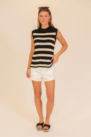 Harbor Stripe Sleeveless Knit Top: Black/Beige / L
