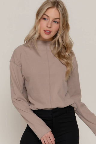 Long Sleeve Visible Overlocked Seams Detail Brushed Rib Top: PNK-blush / S