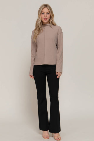 Long Sleeve Visible Overlocked Seams Detail Brushed Rib Top: PNK-blush / S