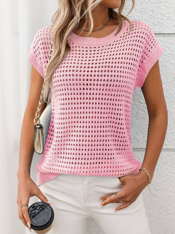 Round Neck Hollow Knitted Sweater Cover: Blue / L