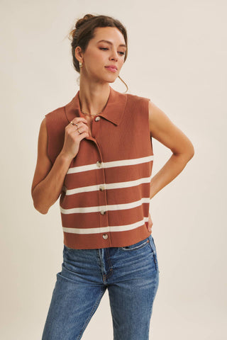 DESERT SUN STRIPE MODERN BUTTON-DOWN SWEATER VEST: TERRACOTTA / S
