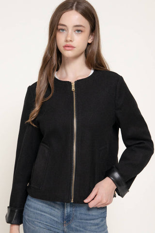 Long Sleeve Round Neck Faux Leather Combination Felt Jacket: KHA-dark oatmeal / L