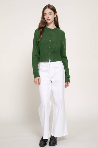 Long Sleeve Round Neck Button Down Sweater Cardigan: GRN-dark green / S