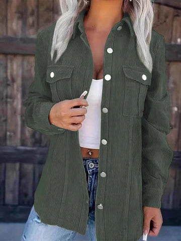 Solid Color Corduroy Lapel Cardigan: Green / L