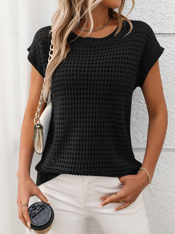 Round Neck Hollow Knitted Sweater Cover: Blue / S