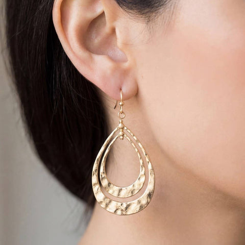 Hammered Double Teardrop Layered Dangle Earrings: WG