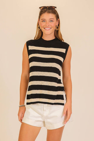 Harbor Stripe Sleeveless Knit Top: Black/Beige / M