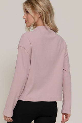 Long Sleeve Visible Overlocked Seams Detail Brushed Rib Top: PNK-blush / S